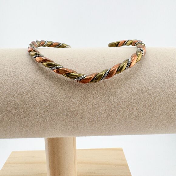 Vintage Copper Brass Silver Tone Twisted Cuff Bracelet Boho Torque Southwestern - Picture 6 of 9